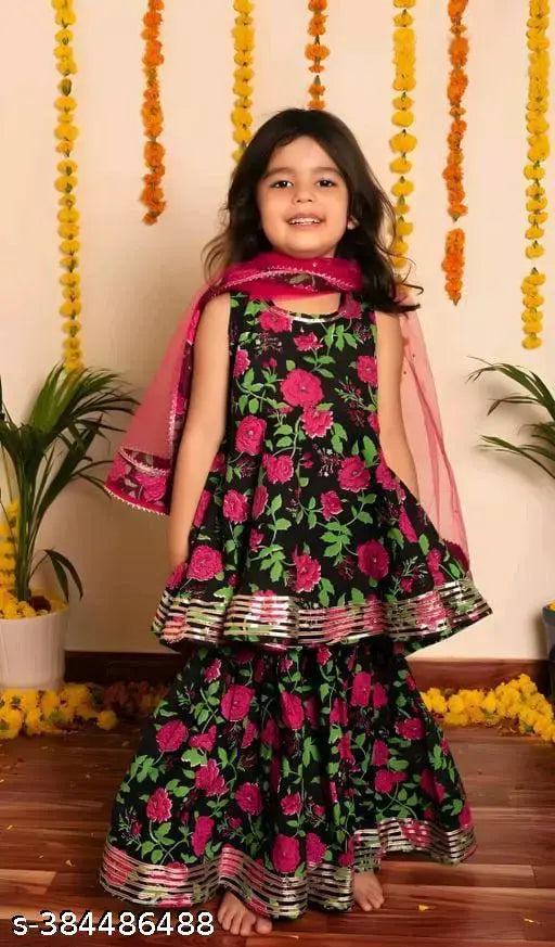Black and Pink Printed Cotton Anarkali Kurti Sharara Set with Dupatta for Kids - 2-3 Years to 9-10 Years, Indian traditional fashion for festivals & gatherings