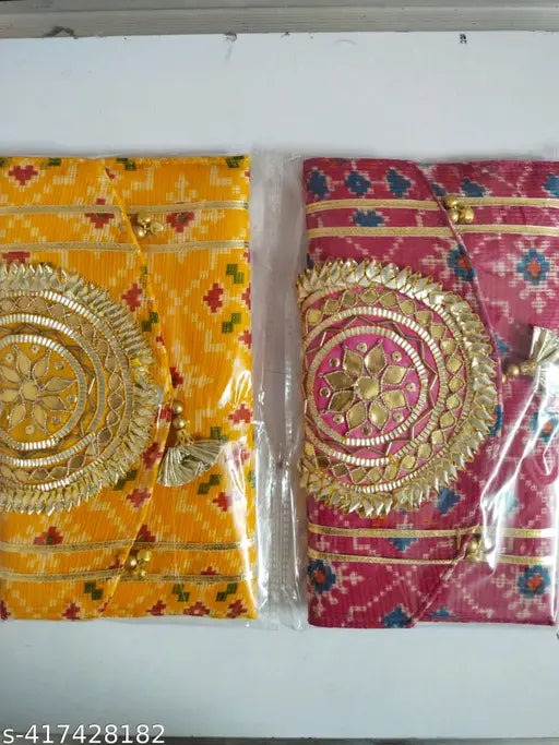 Yellow and pink Gota patti purse with floral embroidery