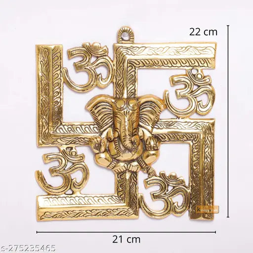 Golden metal Ganesha wall hanging, intricate Om Swastik design, Indian decorative art piece, dimensions 22.5cm x 22cm x 3cm