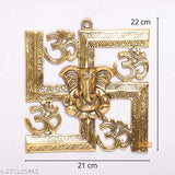 Golden metal Ganesha wall hanging, intricate Om Swastik design, Indian decorative art piece, dimensions 22.5cm x 22cm x 3cm