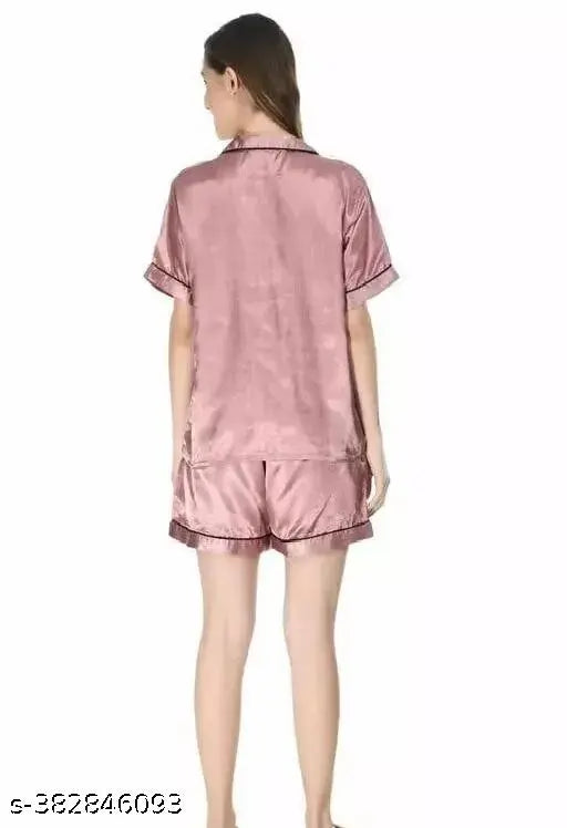 Satin night suit set, red solid with chic collar and pocket, 100% silky satin for comfortable pajamas and elegant evening wear