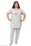 Plus size women's cotton blend night suit set with printed net top and bottom, featuring elastic waist and pockets