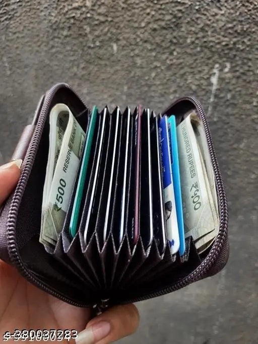 Dark Brown PU Leather Wallet with 9 slot credit card holder, coin purse, and 2 compartments for men and women. Solid pattern, free size (11cm x 8cm), made in India