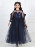 Navy blue net hi-low girls party dress with embellished sleeveless design, ideal for children aged 1-2 or 2-3 years old