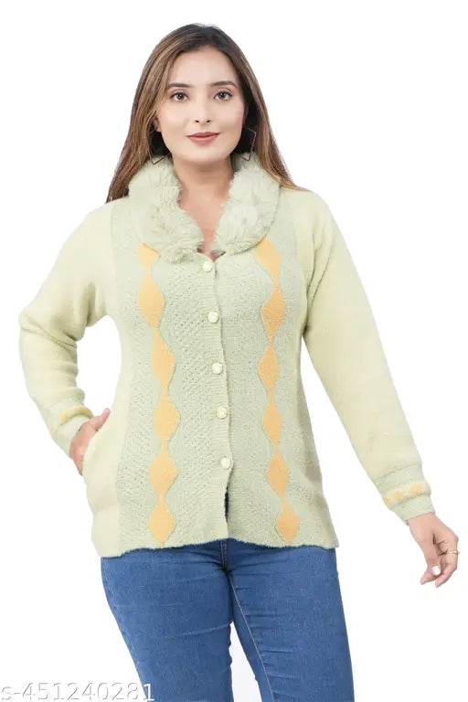 FRANKFURT Women Ladies Girls Winter Wear Acrylic Fur Neck Buttoned Closure Stylish Party Woolen Winter Wear Pista Cardigan Sweater