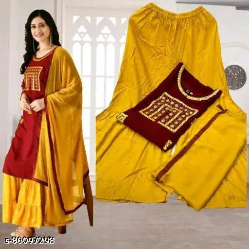 Rayon dupatta set, maroon and gold, embroidered design
