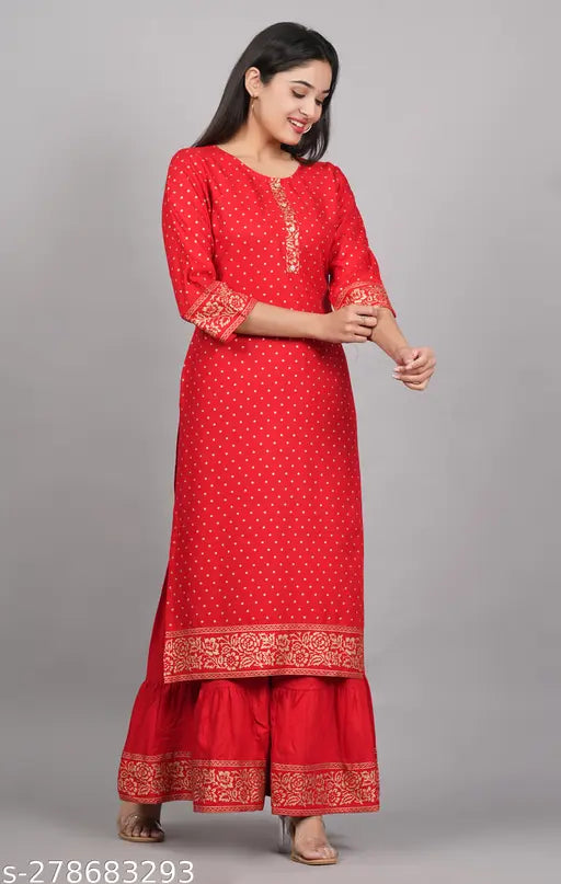 Red rayon straight kurta and sharara set