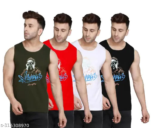 Olive-red-white-black cannabis print pure cotton sleeveless men's tshirt from India