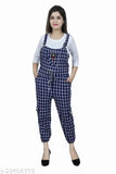 Blue cotton blend checked dungaree dress with three-quarter sleeves and stretchable Lycra, distressed look, trendy women's fashion
