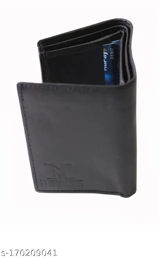Black genuine leather 3-fold men's wallet, compact design with 5 compartments for cards, free size (12cm x 4cm), solid pattern, made in India