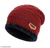 Red wool beanie, fur net pattern, winter accessory for men and women