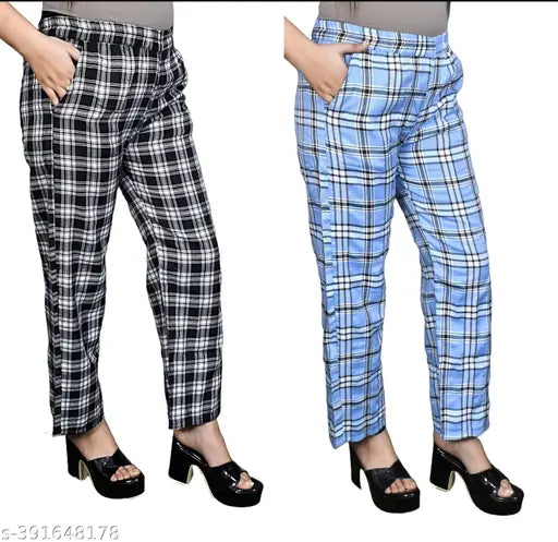 Female fashion, women's pants, black and blue plaid, checkered pattern, two-piece set, casual trousers