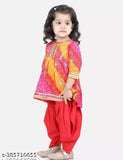 Red bandhej kurta & dhoti set with three-quarter sleeves, rayon fabric. Little girls traditional Indian wear, 12-18 months to 7-8 years available