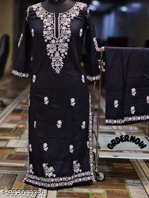 Embroidered rayon kurta and palazzos set, Chikankari work, three-quarter sleeves, Indian clothing for women