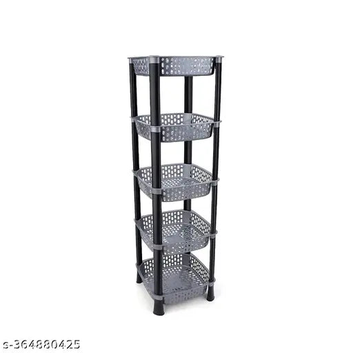 A grey, multi-purpose step shelf with a dish rack for kitchen fruit and vegetable storage