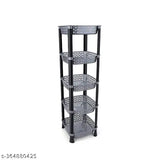 A grey, multi-purpose step shelf with a dish rack for kitchen fruit and vegetable storage