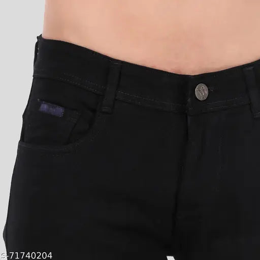 Black denim slim fit Mickey jeans for men. High-quality stretchable fabric, comfortable pockets, versatile for casual or party wear