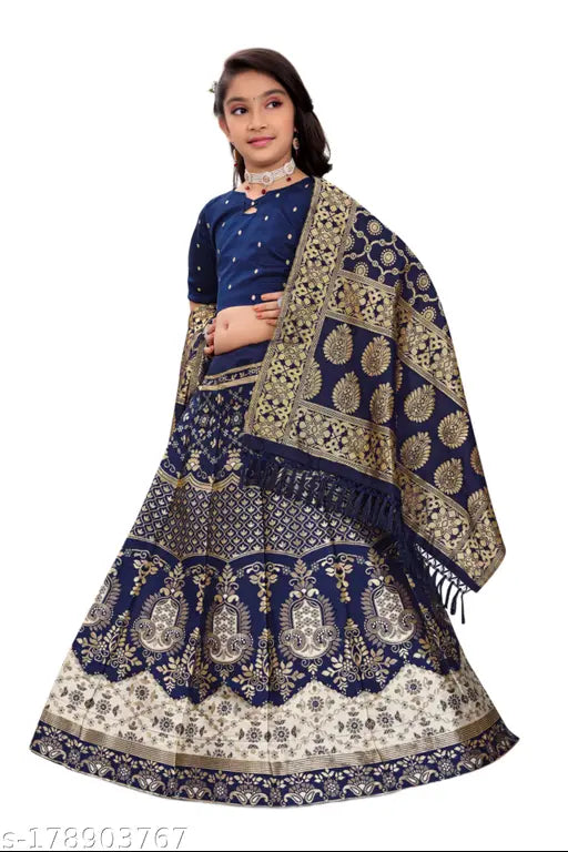 Bamboo Lehenga Cholis by bebi manidr - Girls set with short sleeves, jacquard stitch, and zari woven pattern. Ideal for weddings or special occasions. Made in India
