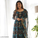 Blue and green designer printed gown with dupatta