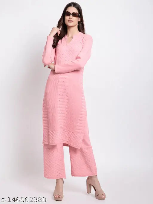Woolen Tysort Winter Kurta & Palazzo set, embroidered floral prints, V-neck, three-quarter sleeves, side pockets, warm winter wear for women