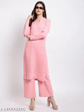Woolen Tysort Winter Kurta & Palazzo set, embroidered floral prints, V-neck, three-quarter sleeves, side pockets, warm winter wear for women