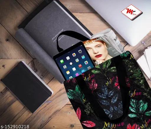 Casual travel tote bag, handbag with floral pattern, black background, woman's face