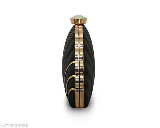 Black leather clutch purse with metallic gold accents and a prominent, shiny zip closure