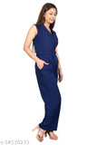 Blue polyester casual jumpsuit for ladies, solid blue design on model