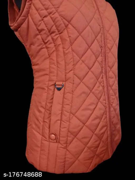 Lightweight polyester half sleeve jacket, self-design net pattern for women. Sizes: M (20in bust, 26in length, 17in waist, 21in hip, 17in shoulder). Sleeveless with detachable hood. Comfort wear