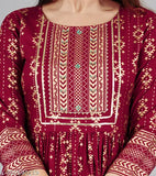Maroon rayon printed Anarkali kurti with three-quarter sleeves, ideal for traditional Indian wear