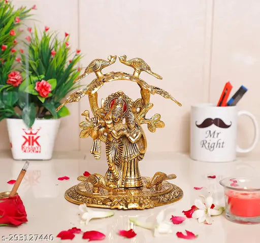 Gold antique finish Radha Krishna statue, standing under a tree, playing flute - decorative religious idol for pooja, home office, or temple