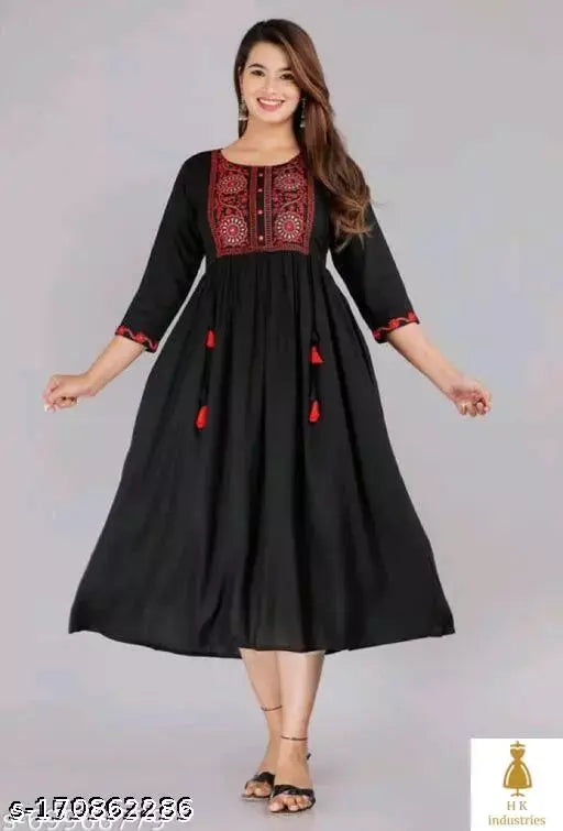 Dark blue embroidered long kurta with red piping details