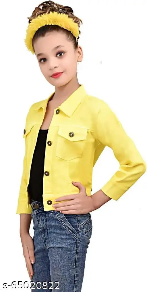 Denim yellow three-quarter sleeve girls jacket & coat, solid design for 4-5, 7-8, or 8-9 years old from India