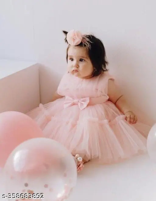 Pink satin baby girl dress, chiffon ruffles
