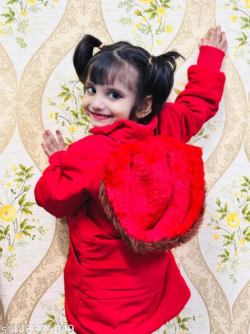 Red infant party jacket, faux fur trim, hoodie style
