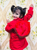 Red infant party jacket, faux fur trim, hoodie style