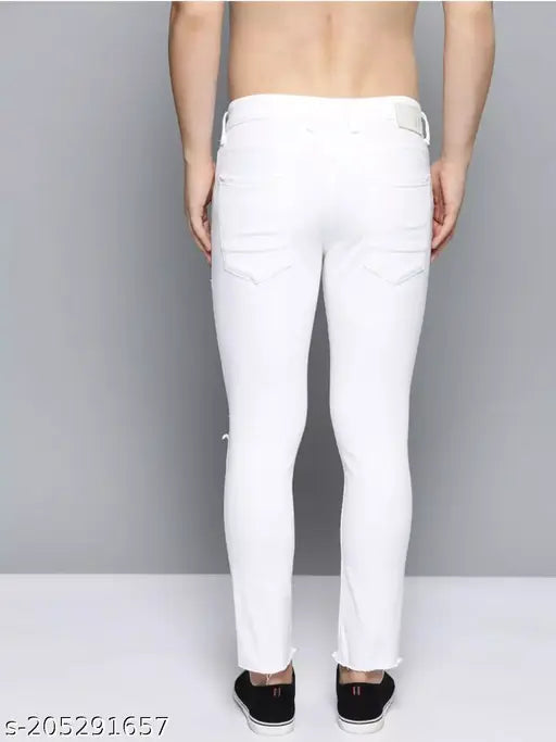 White cotton blend stretchable slash knee jeans for men, dyed/washed with comfortable knitted knee cut and size options: 28, 30, 32