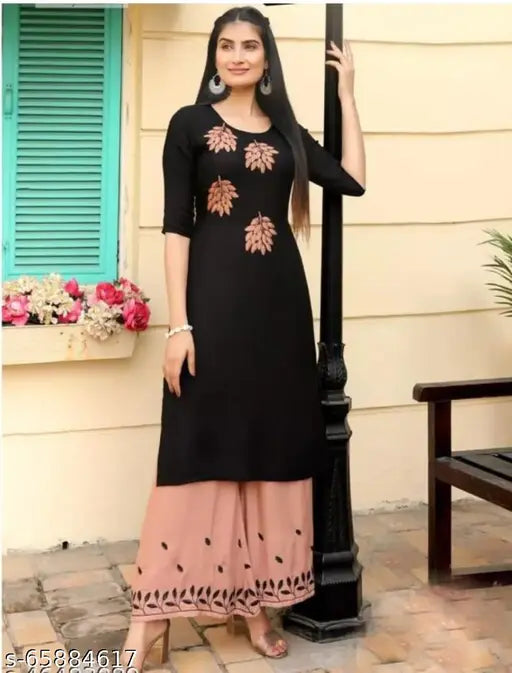 Rayon palazzo sait set, solid net Indian kurta and bottomwear with three-quarter sleeves