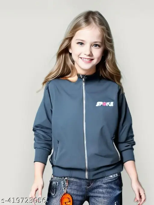 Grey polyester blend kids winter jacket with hood