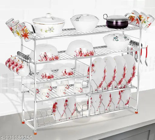 Stainless steel kitchen rack, with tiered shelves for plates and cutlery