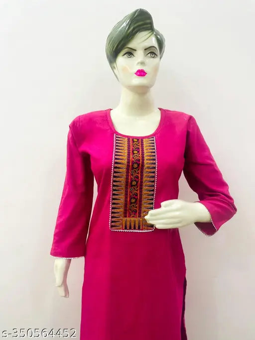 Kashmiri pashmina woolen kurti, solid-colored traditional embroidery on Indian-made clothing for women and girls