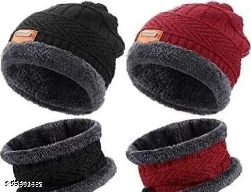 Arctic unisex woolen beanie cap with scarf (snow proof, inside fur), free size pack of 2 for winter warmth