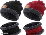 Arctic unisex woolen beanie cap with scarf (snow proof, inside fur), free size pack of 2 for winter warmth