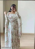 White cotton blend flower print gown with dupatta, three-quarter sleeves, featuring Indian print design. Size chart available for S, M, L, XL, XXL