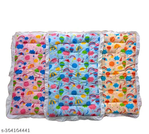 Multicolor baby cotton godadi set of 3 with rainbow print and lace trim.