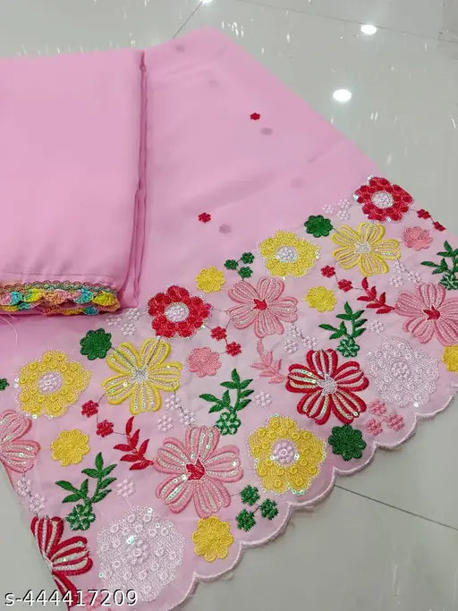Pink lace georgette blouse with embroidered floral design and long sleeves, women's fashion