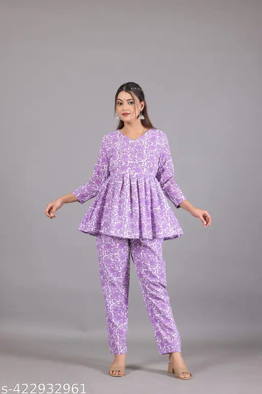 Levendar-floral print women's cotton short kurti & pant set for daily wear, summer special