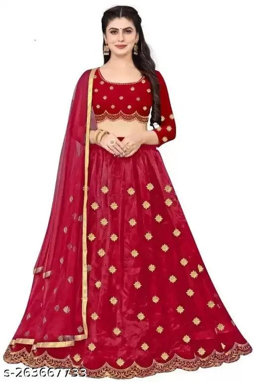 Embroidered semi-stitched satin lehenga choli with jari work, free size waist-44 inches, height-44 inches, paired with a 2m net dupatta, Indian self-design