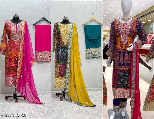 New Designer Georgette Pakistani Suit set in print, features kurta and dupatta with silk bottomwear, single size options in M, XL, XXXL from India