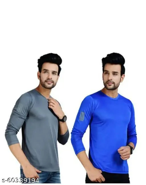 Stylish black & sky full-sleeve sports tees pack of two, super net fabric for active wear on fit model